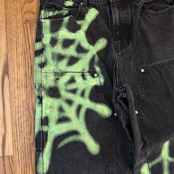 BDG Big Jack Workpant Fit Jean Sz. 32 Relaxed Fit Spider Web Black Neon Green - Picture 4 of 13